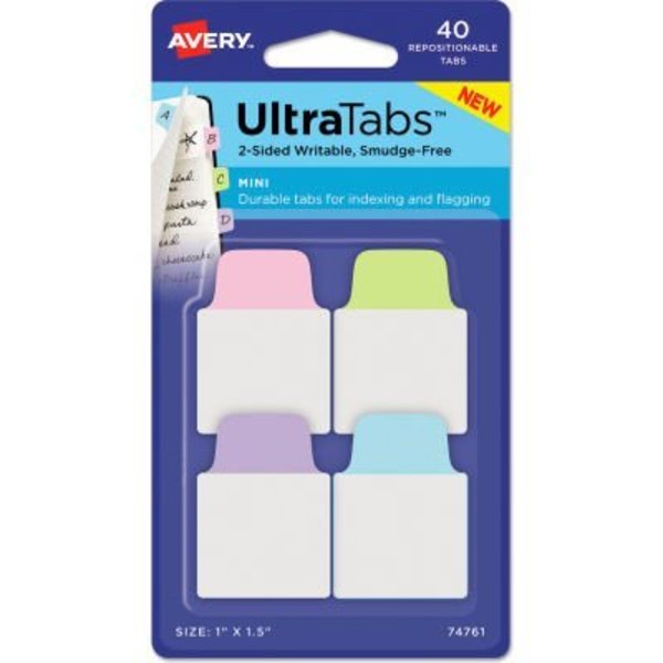 Avery Dennison Avery Ultra Tabs Repositionable Tabs, 1in x 1-1/2in, Pastel: Blue, Green, Pink, Purple, 40/Pack 74761